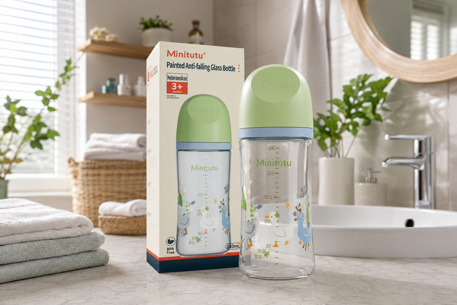 Minitutu 240ml Anti-Falling Glass Baby Feeding Bottle | BPA Free Medium Borosilicate Glass | Soft Silicone Nipple | 3+ Months | Model CB526